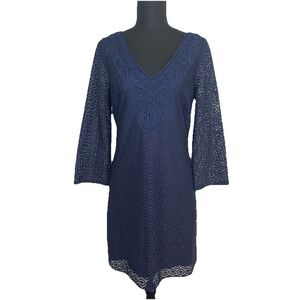 Lilly Pulitzer Alden True‎ Navy Lace Dress Semi Sheer V-Neck Mini Dress MEDIUM